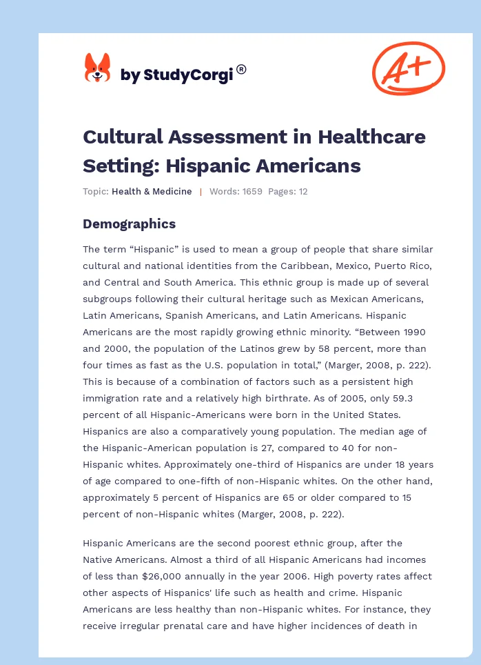 Cultural Assessment in Healthcare Setting: Hispanic Americans. Page 1