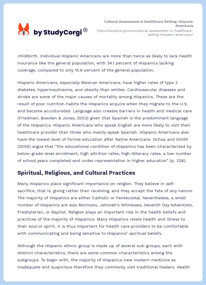 Cultural Assessment in Healthcare Setting: Hispanic Americans. Page 2
