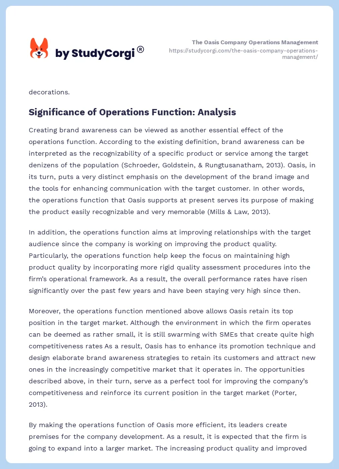 The Oasis Company Operations Management. Page 2
