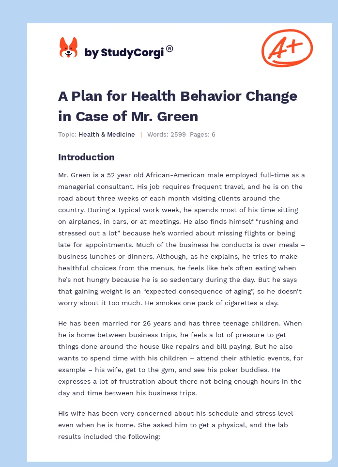 A Plan for Health Behavior Change in Case of Mr. Green. Page 1