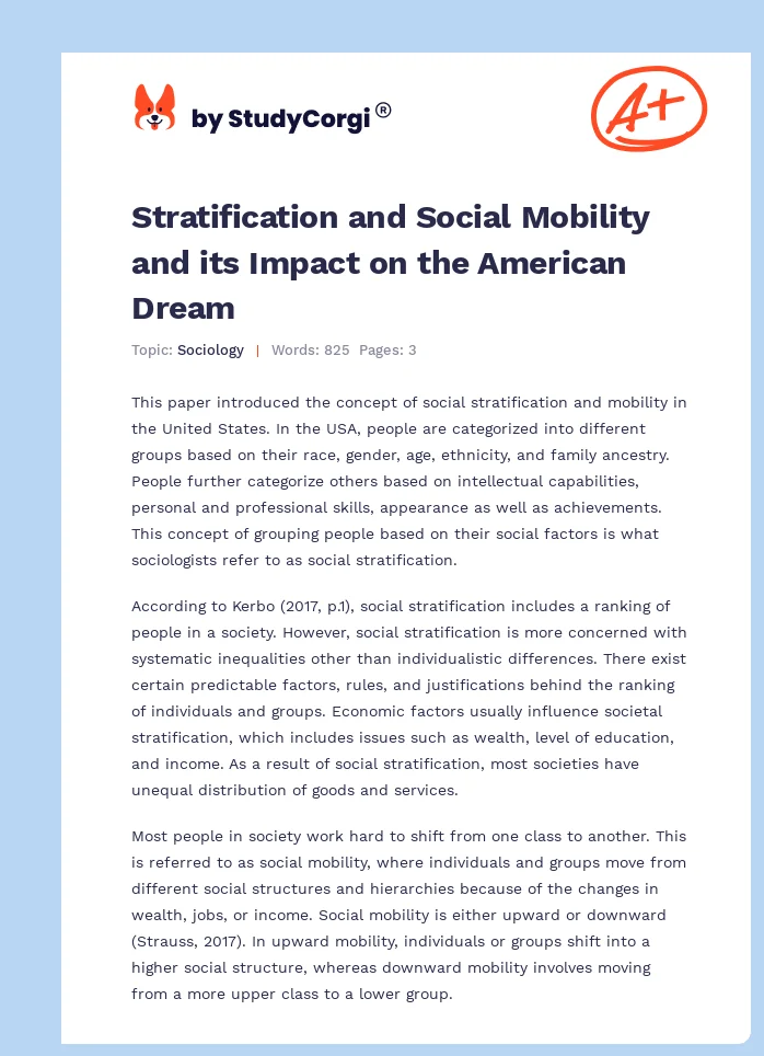 Stratification and Social Mobility and its Impact on the American Dream. Page 1