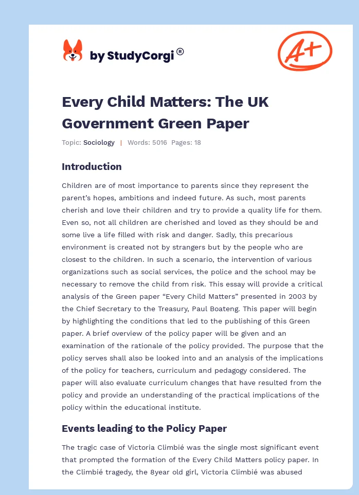 Every Child Matters: The UK Government Green Paper. Page 1