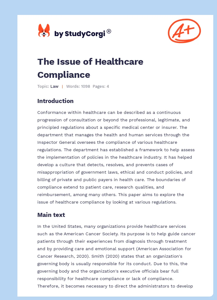 The Issue of Healthcare Compliance. Page 1