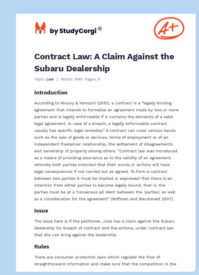 Contract Law: A Claim Against the Subaru Dealership. Page 1