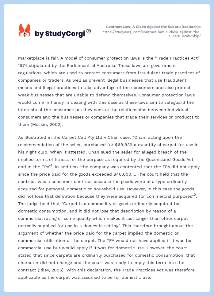 Contract Law: A Claim Against the Subaru Dealership. Page 2