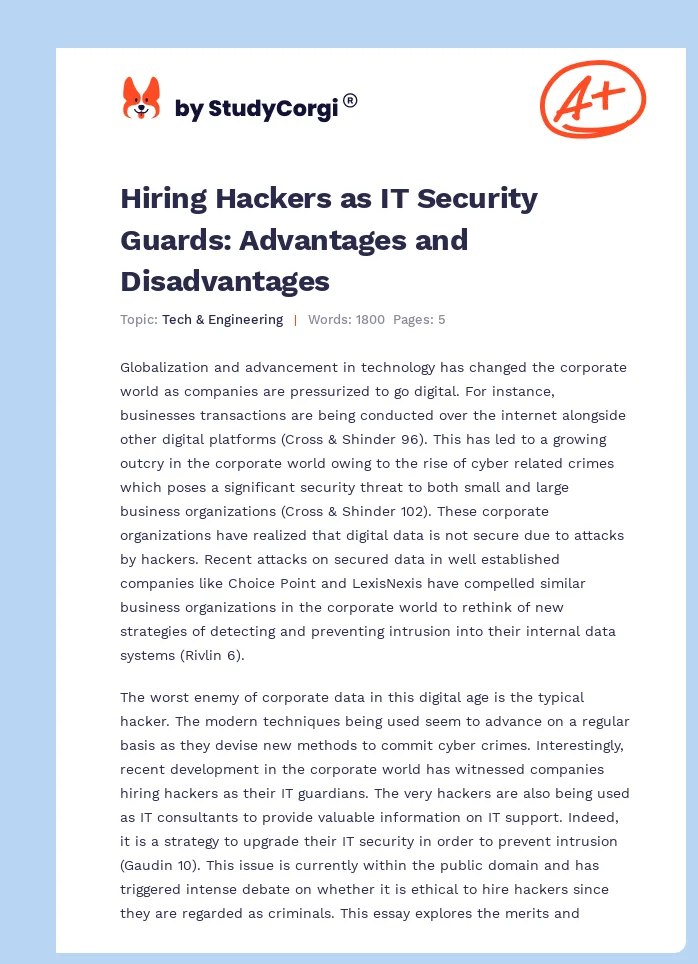 Hiring Hackers as IT Security Guards: Advantages and Disadvantages. Page 1