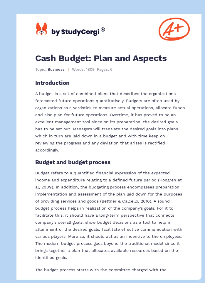 Cash Budget: Plan and Aspects. Page 1