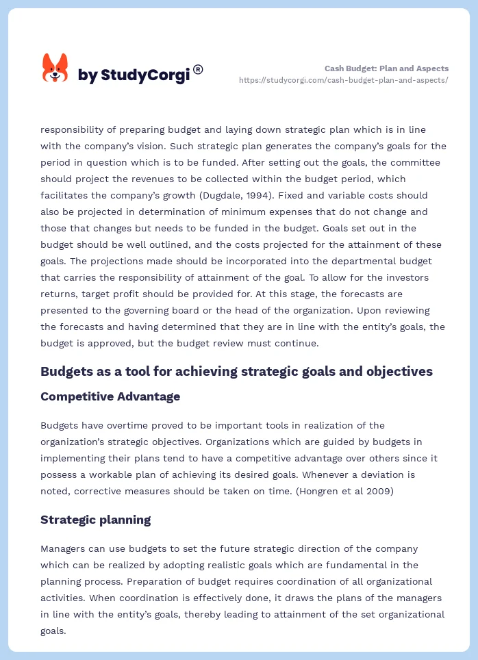 Cash Budget: Plan and Aspects. Page 2