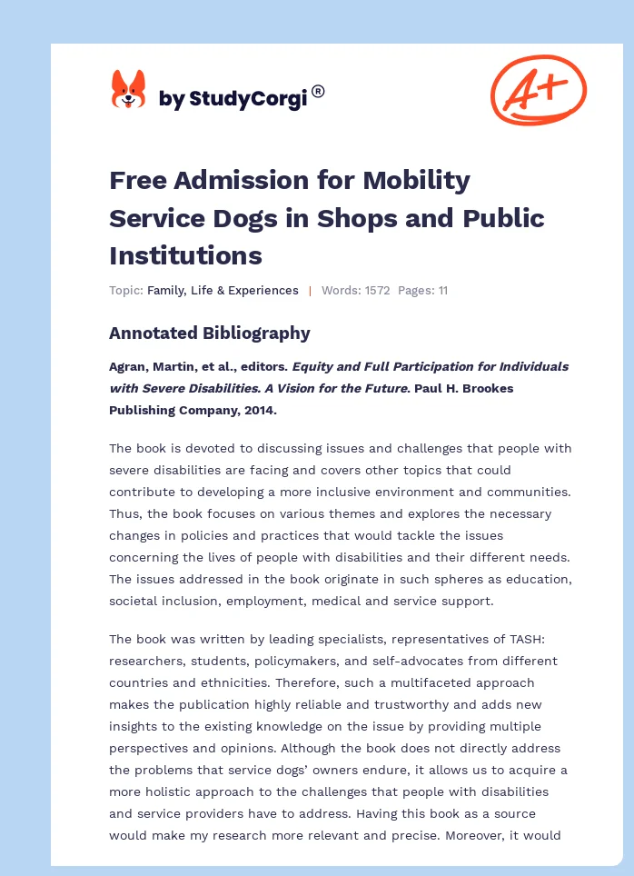 Free Admission for Mobility Service Dogs in Shops and Public Institutions. Page 1