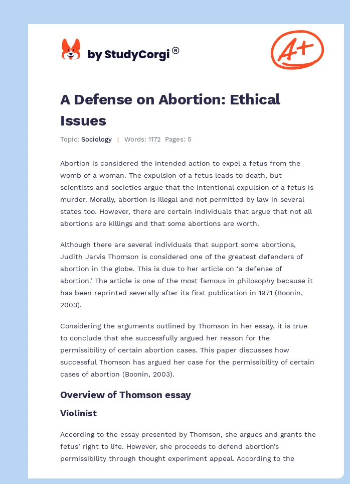 A Defense on Abortion: Ethical Issues. Page 1