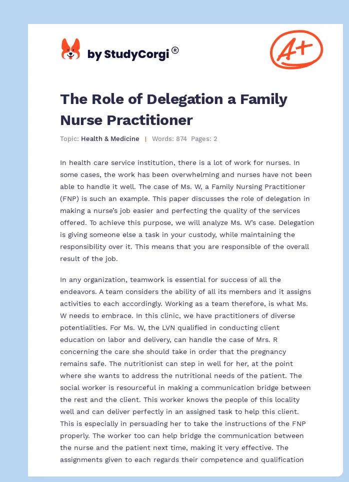 The Role of Delegation a Family Nurse Practitioner. Page 1