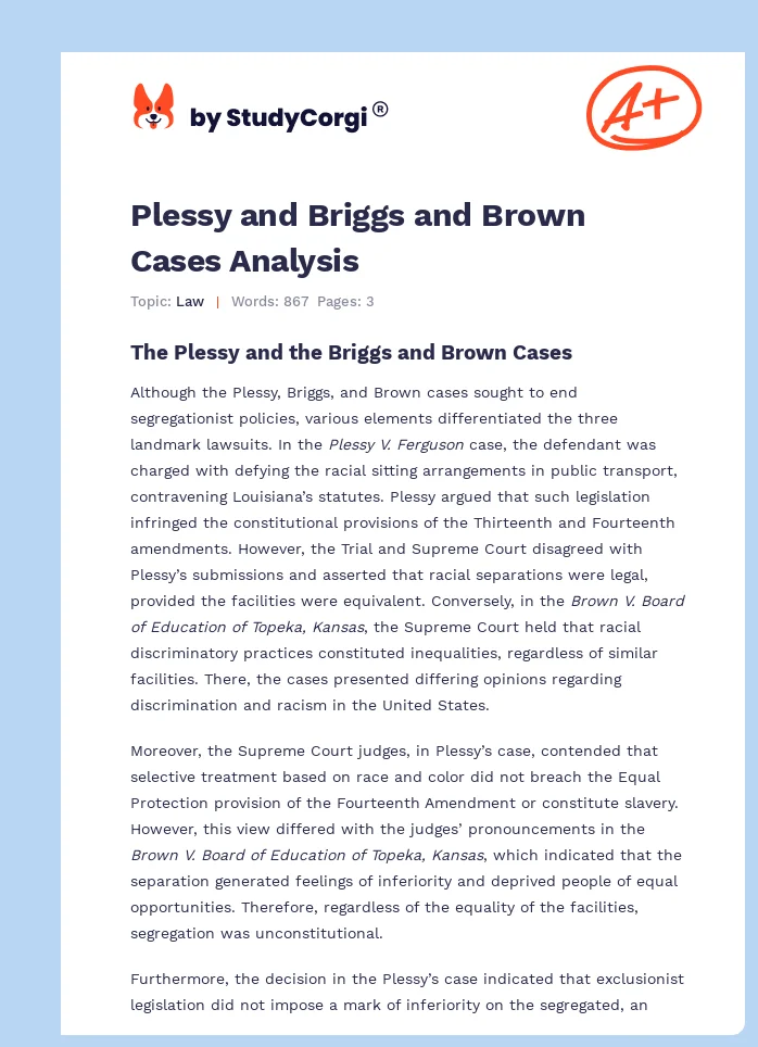 Plessy and Briggs and Brown Cases Analysis. Page 1