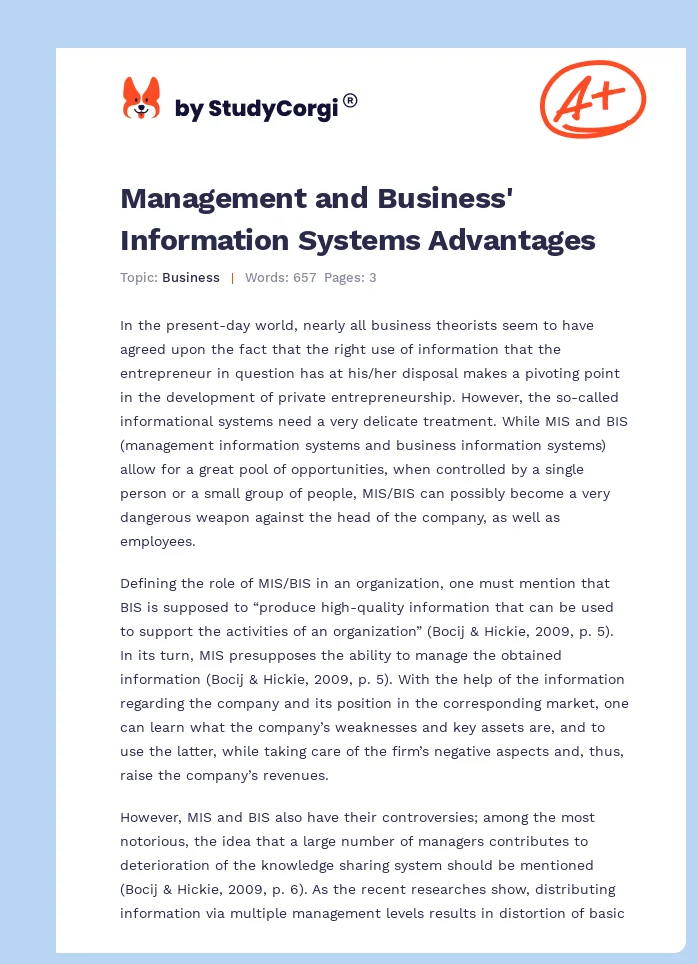 Management and Business' Information Systems Advantages. Page 1