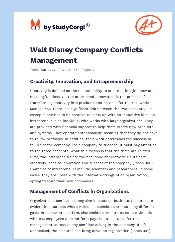 Walt Disney Company Conflicts Management. Page 1