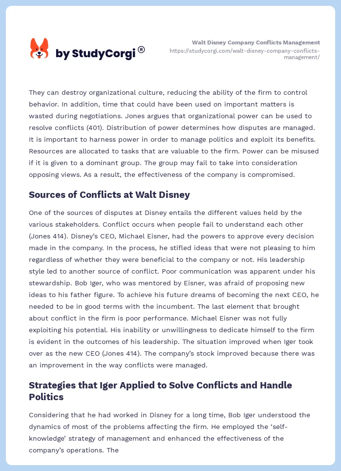 Walt Disney Company Conflicts Management. Page 2