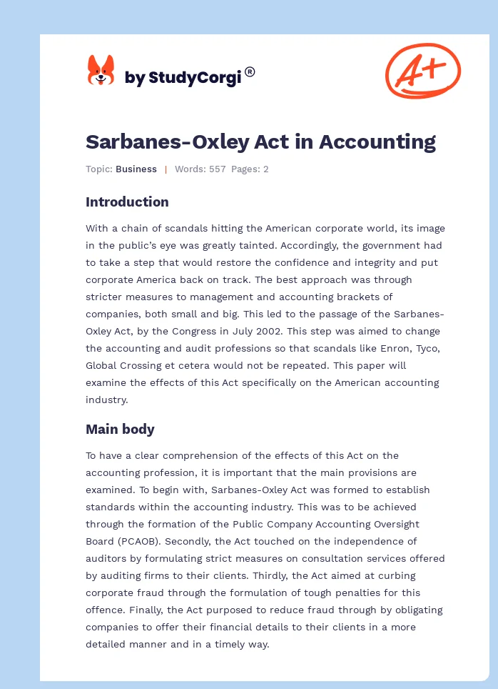 Sarbanes-Oxley Act in Accounting. Page 1