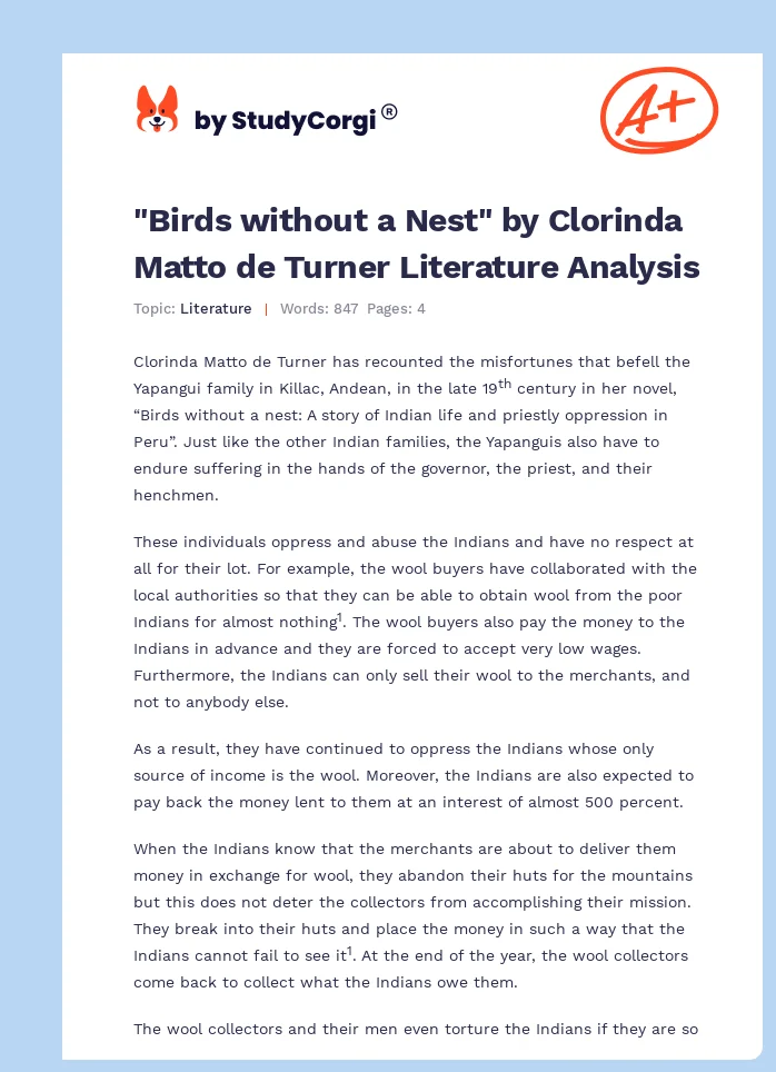 "Birds without a Nest" by Clorinda Matto de Turner Literature Analysis. Page 1