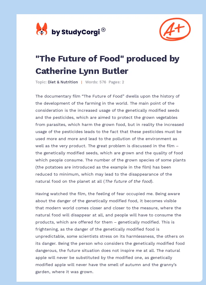 "The Future of Food" produced by Catherine Lynn Butler. Page 1