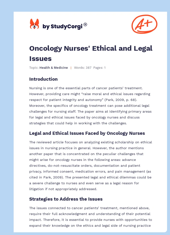Oncology Nurses' Ethical and Legal Issues. Page 1