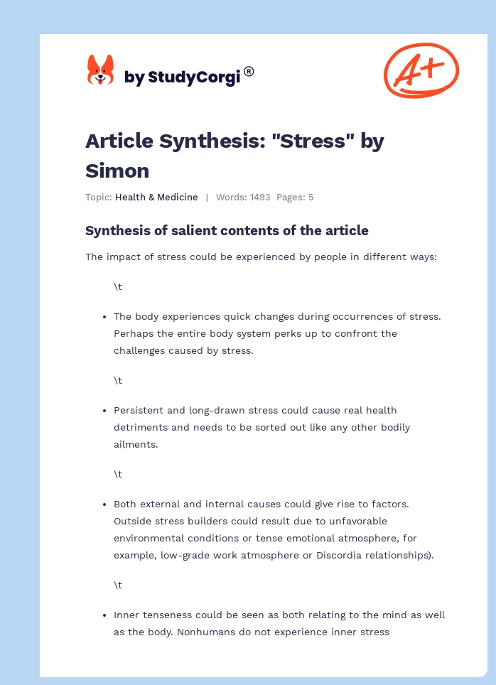 Article Synthesis: "Stress" by Simon. Page 1