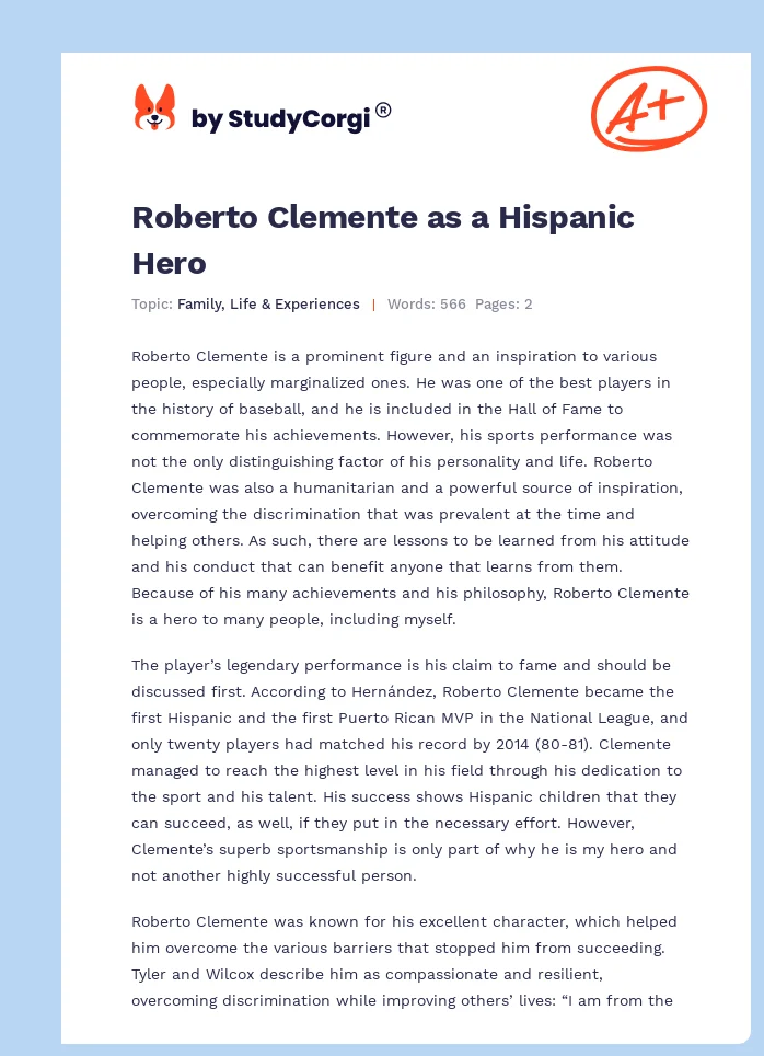 Roberto Clemente as a Hispanic Hero. Page 1