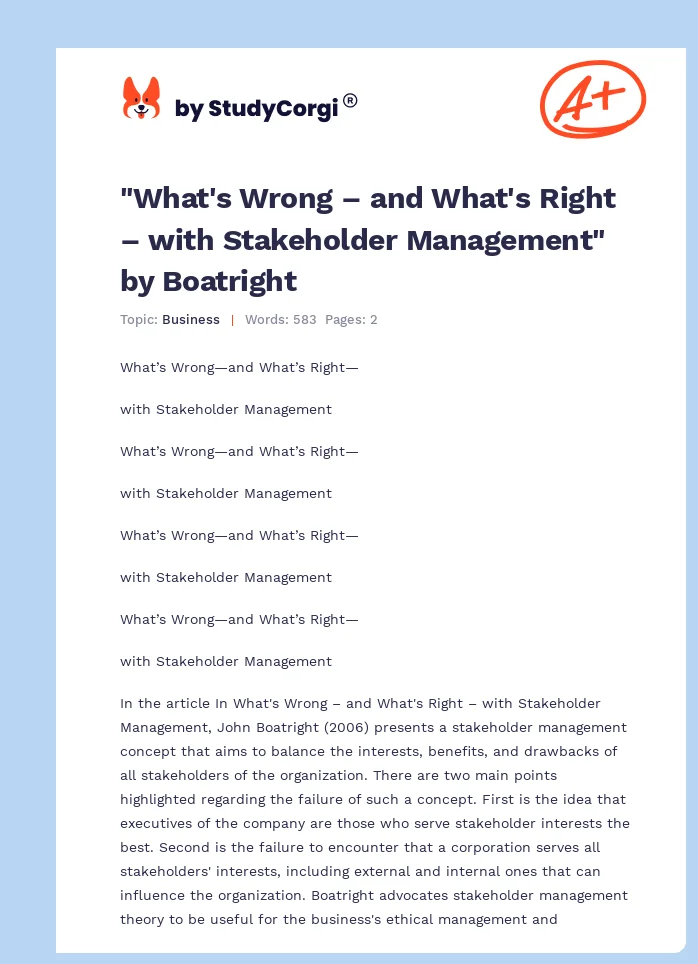 "What's Wrong – and What's Right – with Stakeholder Management" by Boatright. Page 1