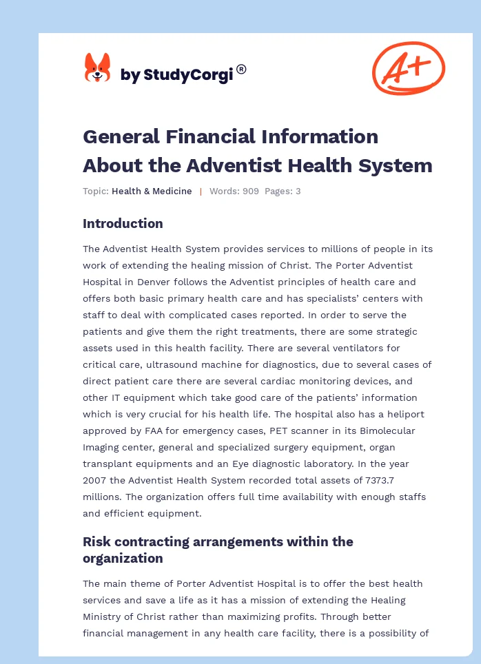 General Financial Information About the Adventist Health System. Page 1