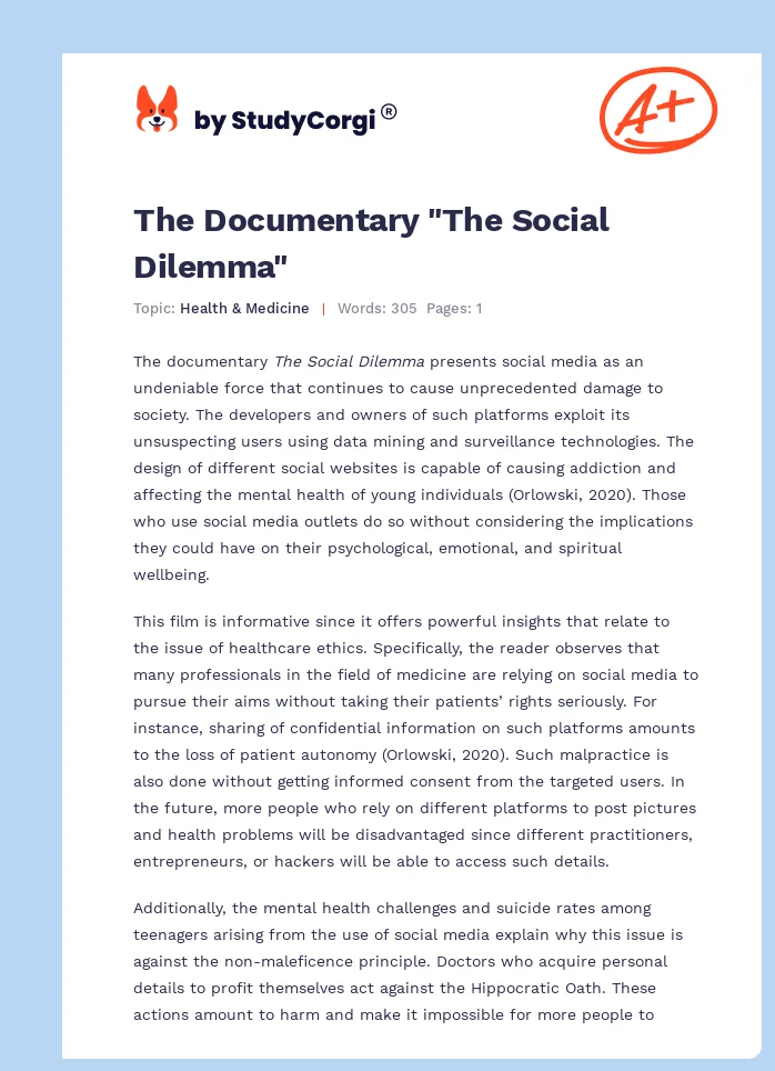The Documentary "The Social Dilemma". Page 1