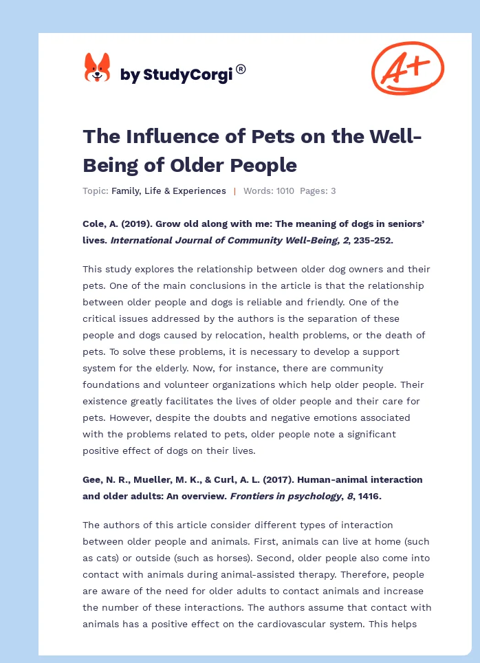 The Influence of Pets on the Well-Being of Older People. Page 1