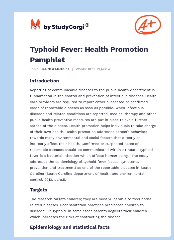 Typhoid Fever: Health Promotion Pamphlet. Page 1