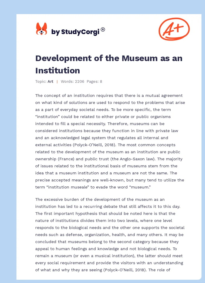 Development of the Museum as an Institution. Page 1