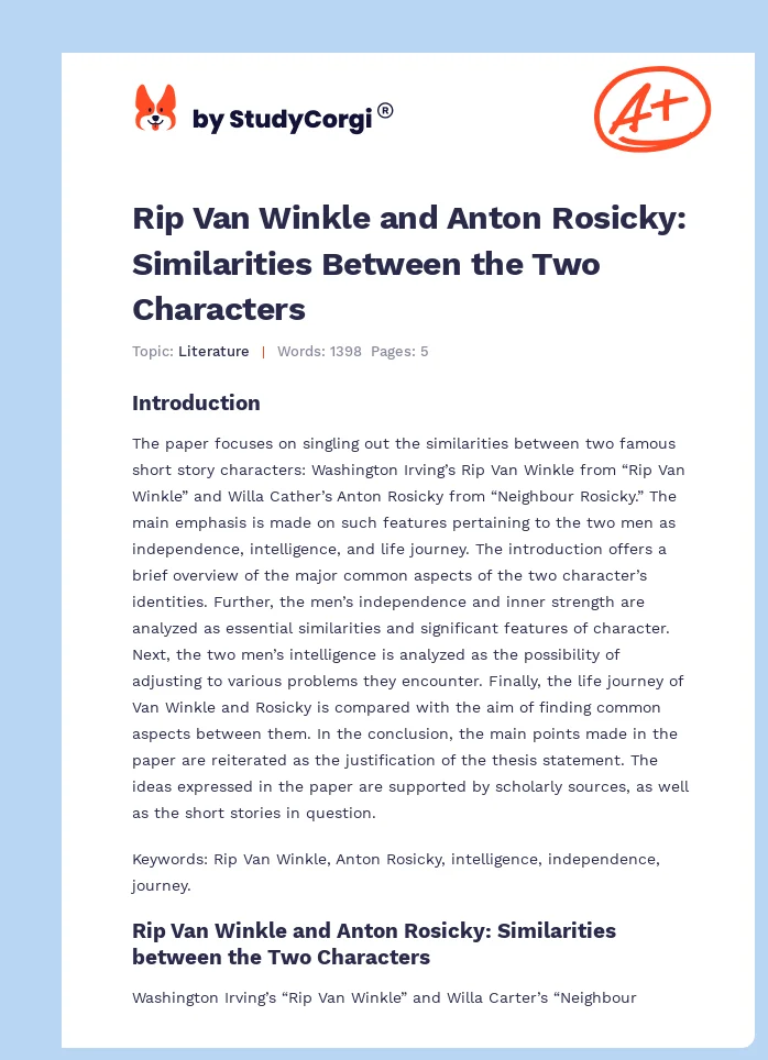 Rip Van Winkle and Anton Rosicky: Similarities Between the Two Characters. Page 1