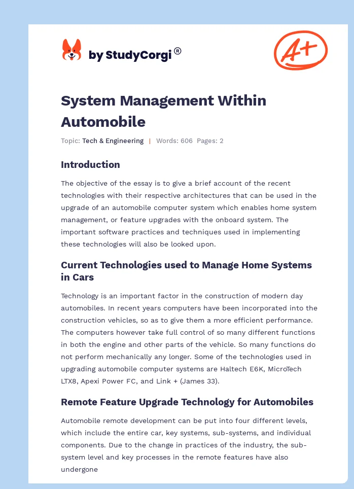 System Management Within Automobile. Page 1