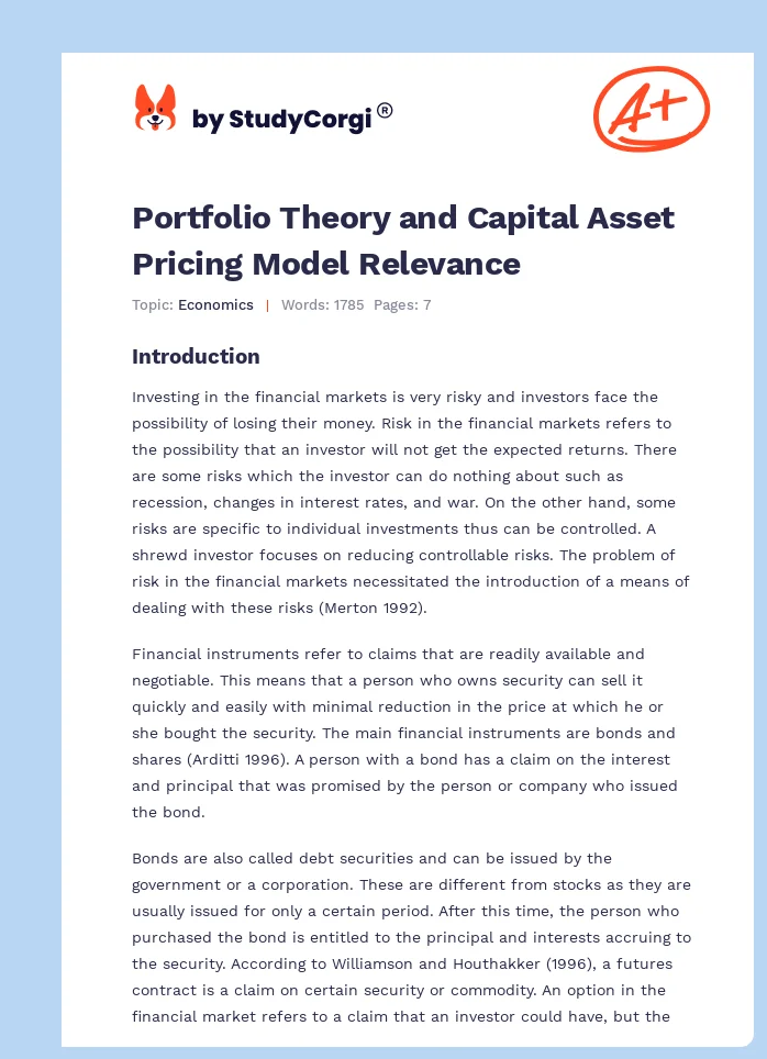 Portfolio Theory and Capital Asset Pricing Model Relevance. Page 1