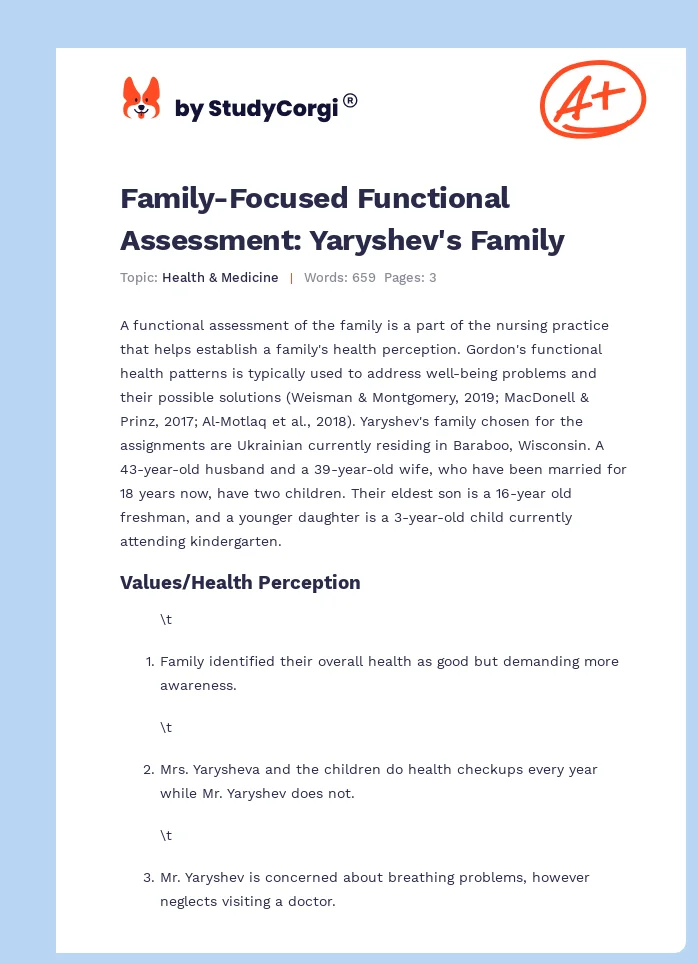Family-Focused Functional Assessment: Yaryshev's Family. Page 1
