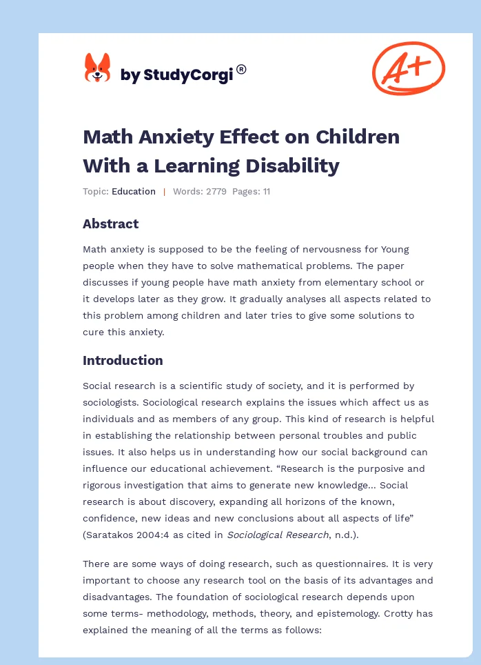 Math Anxiety Effect on Children With a Learning Disability. Page 1