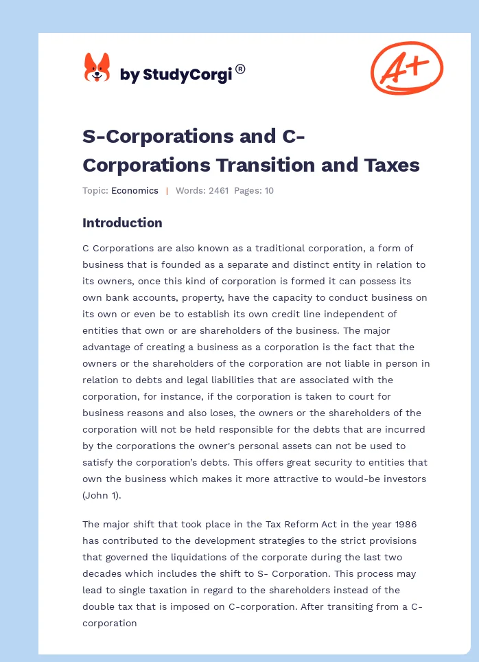 S-Corporations and C-Corporations Transition and Taxes. Page 1