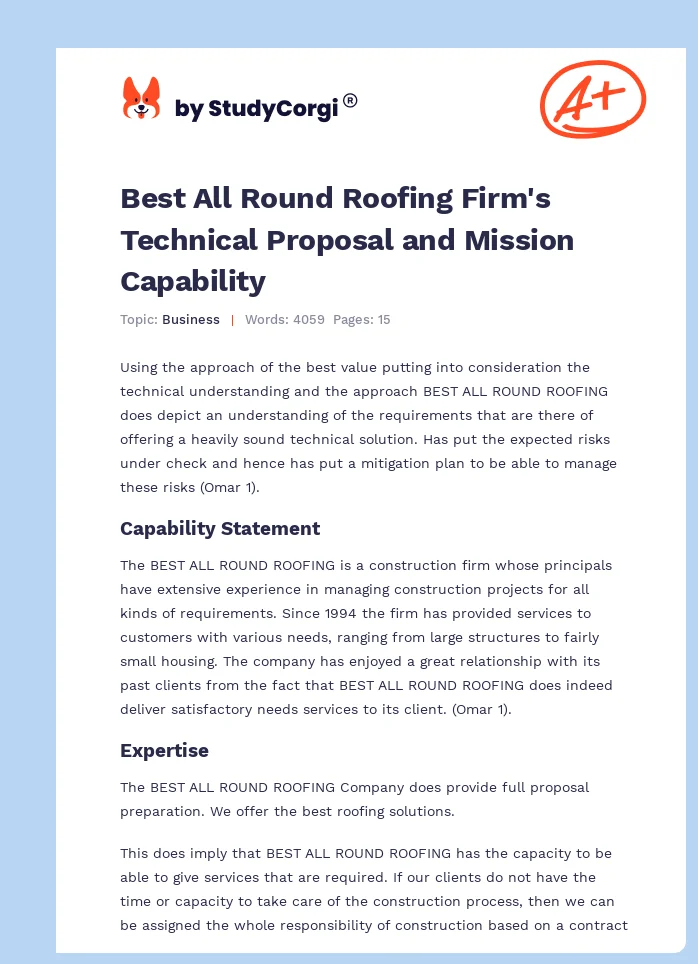 Best All Round Roofing Firm's Technical Proposal and Mission Capability. Page 1