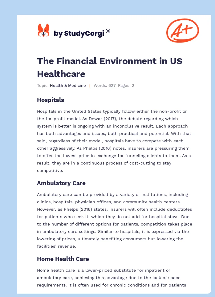 The Financial Environment in US Healthcare. Page 1