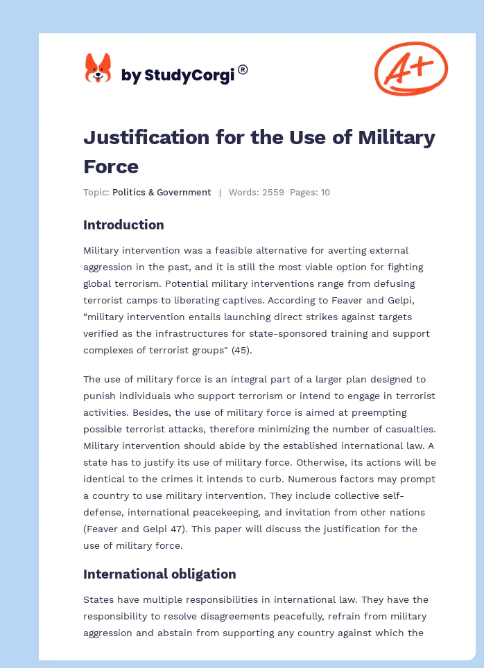Justification for the Use of Military Force. Page 1