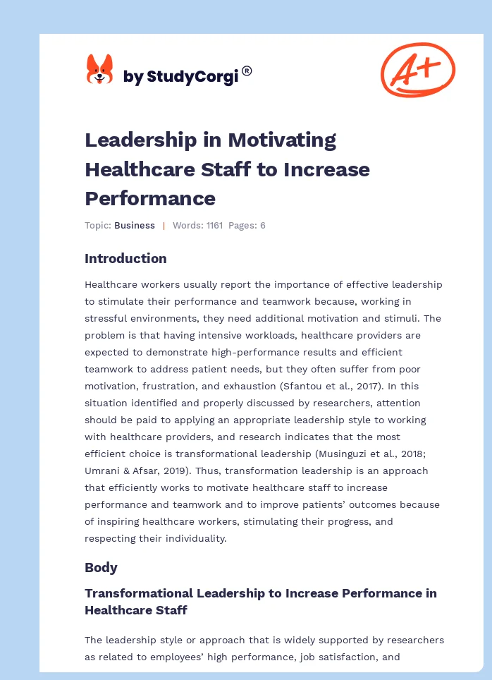 Leadership in Motivating Healthcare Staff to Increase Performance. Page 1