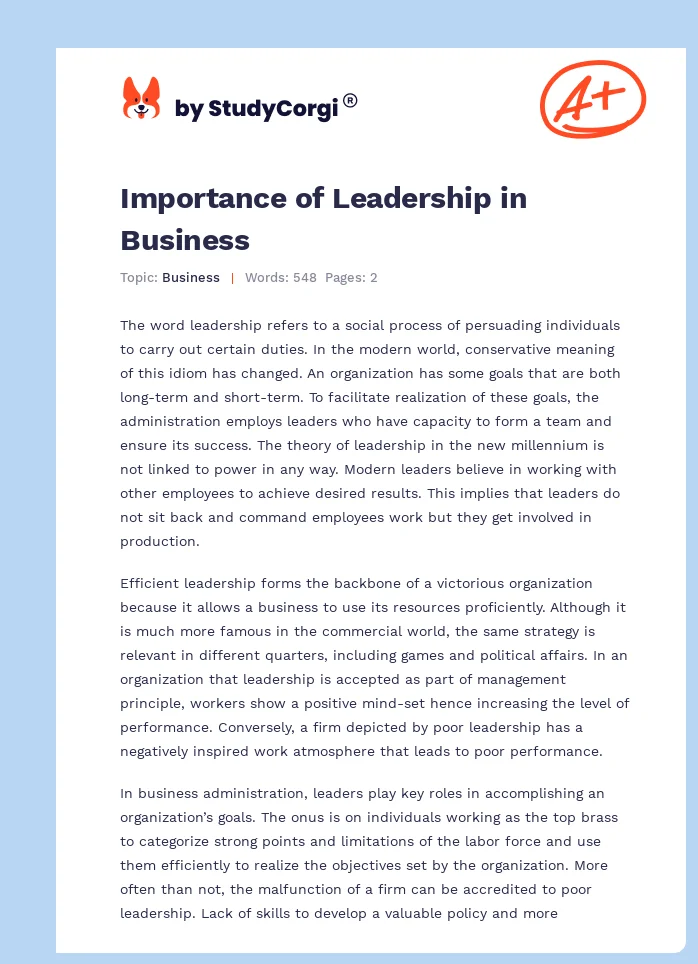 Importance of Leadership in Business. Page 1
