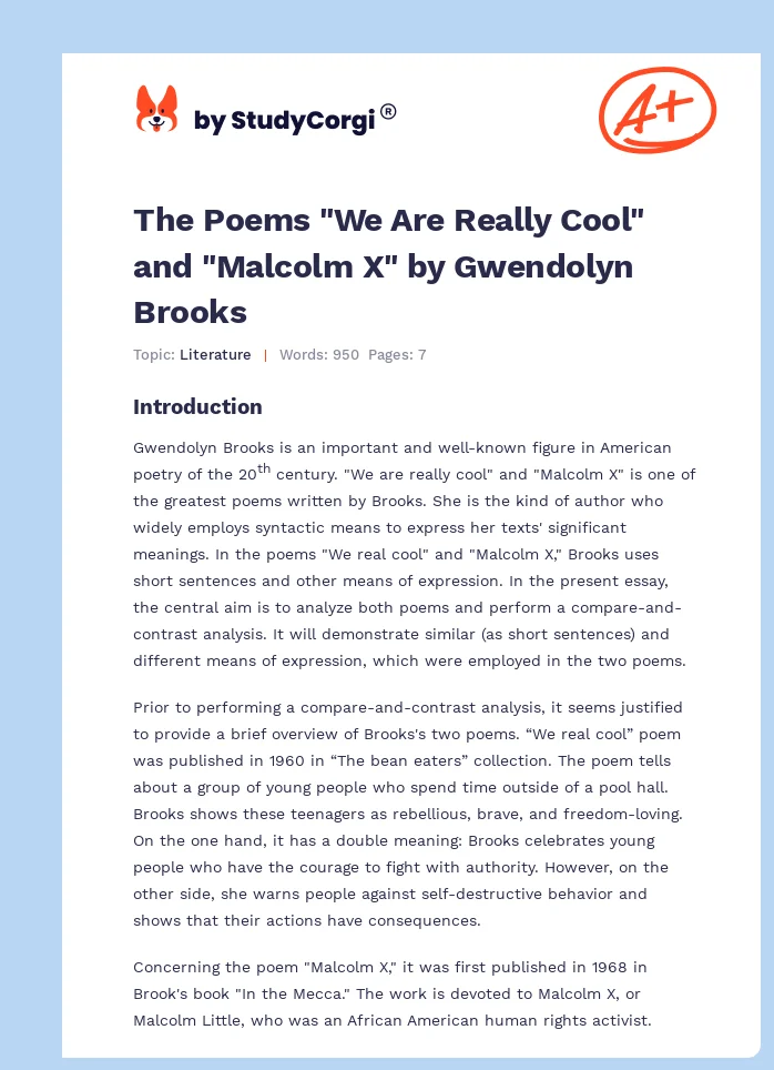 The Poems "We Are Really Cool" and "Malcolm X" by Gwendolyn Brooks. Page 1