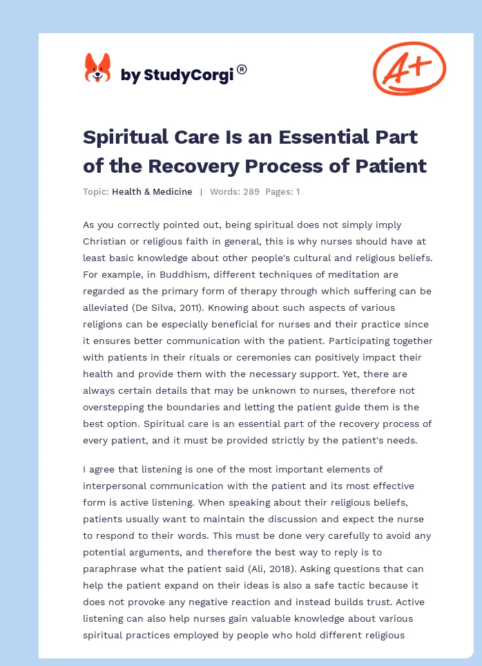 Spiritual Care Is an Essential Part of the Recovery Process of Patient. Page 1