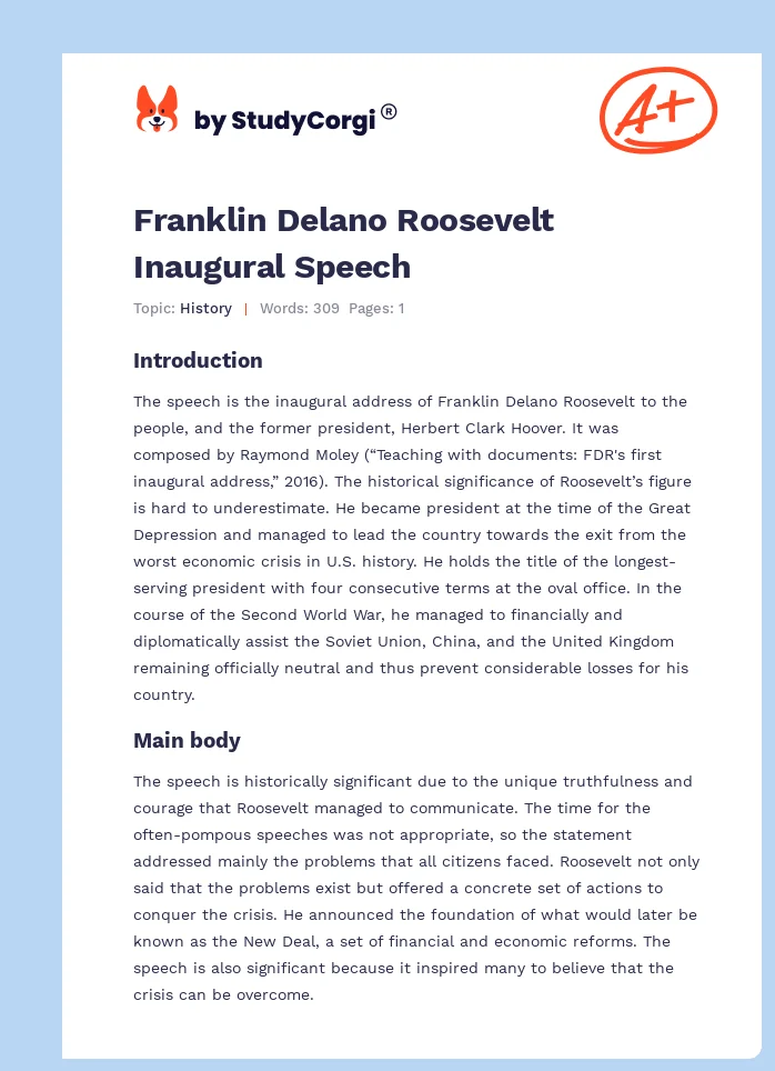 Franklin Delano Roosevelt Inaugural Speech. Page 1