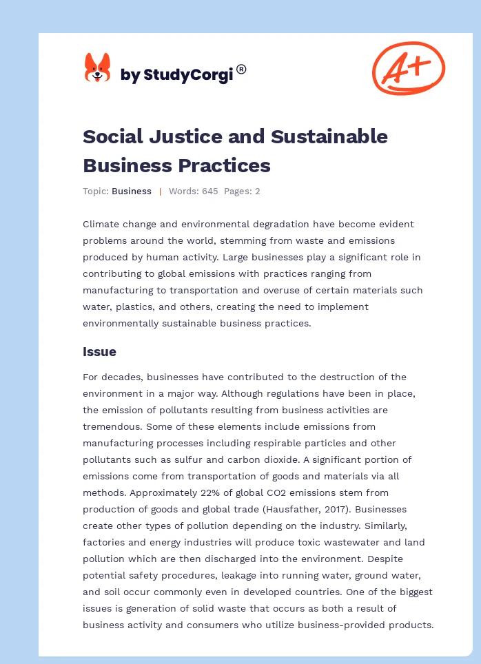 Social Justice and Sustainable Business Practices. Page 1