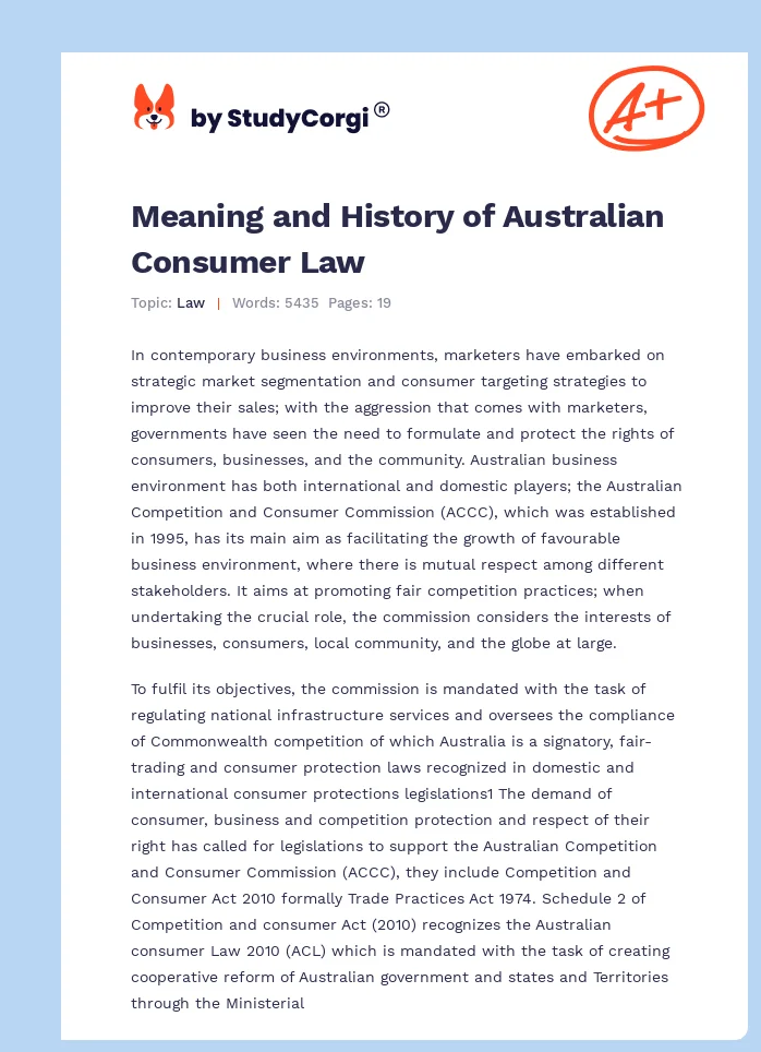 Meaning and History of Australian Consumer Law. Page 1