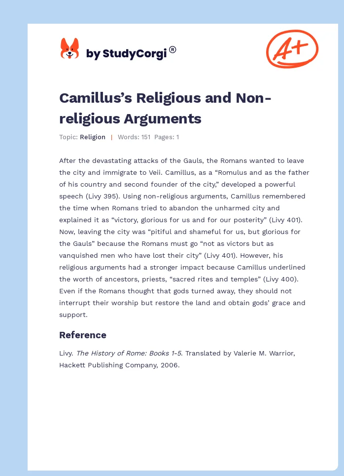 Camillus’s Religious and Non-religious Arguments. Page 1