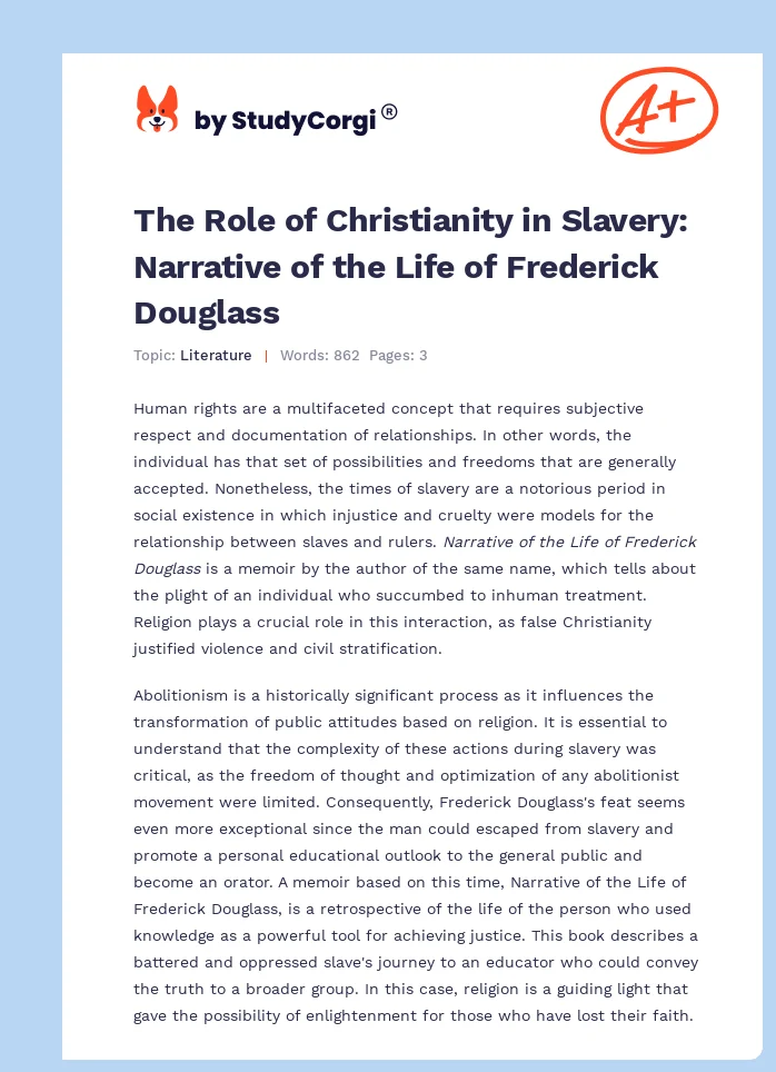 The Role of Christianity in Slavery: Narrative of the Life of Frederick Douglass. Page 1