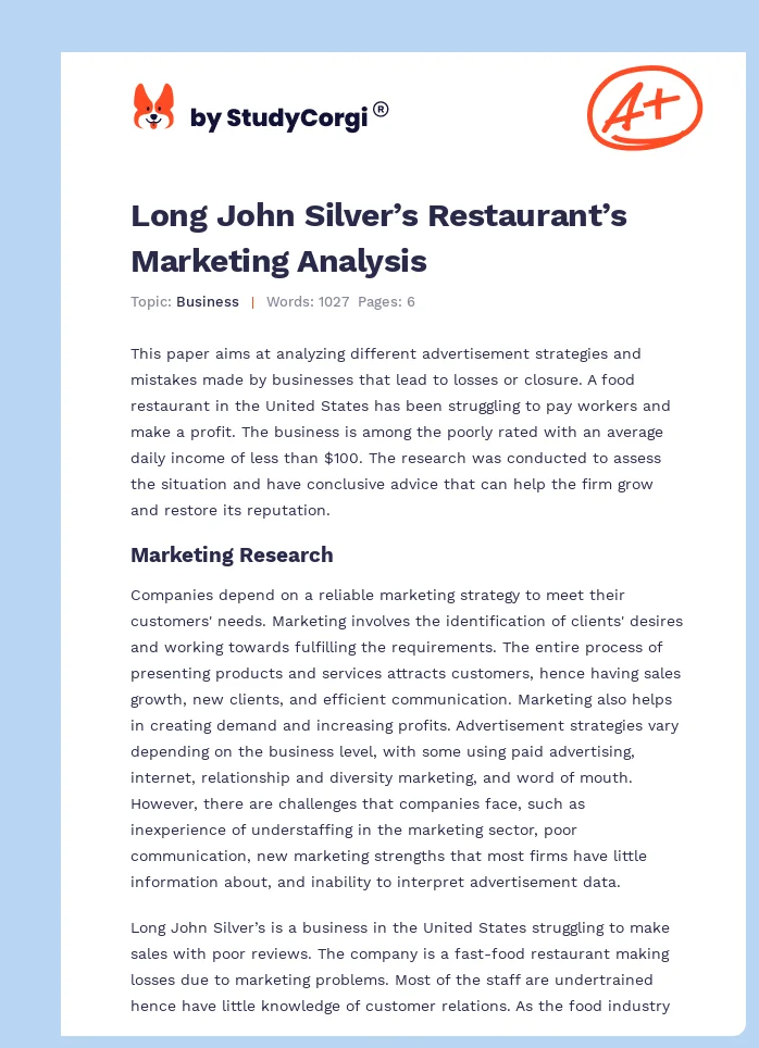 Long John Silver’s Restaurant’s Marketing Analysis. Page 1